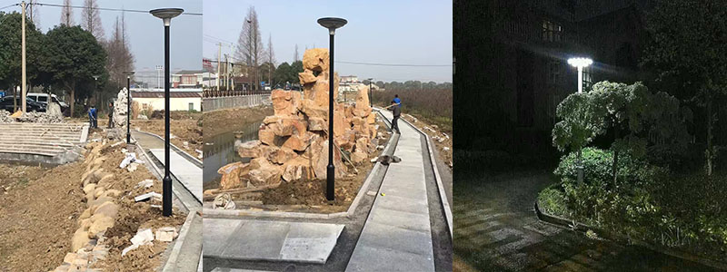 UFO圓盤型一體化太陽(yáng)能庭院燈公園安裝效果實(shí)拍照片