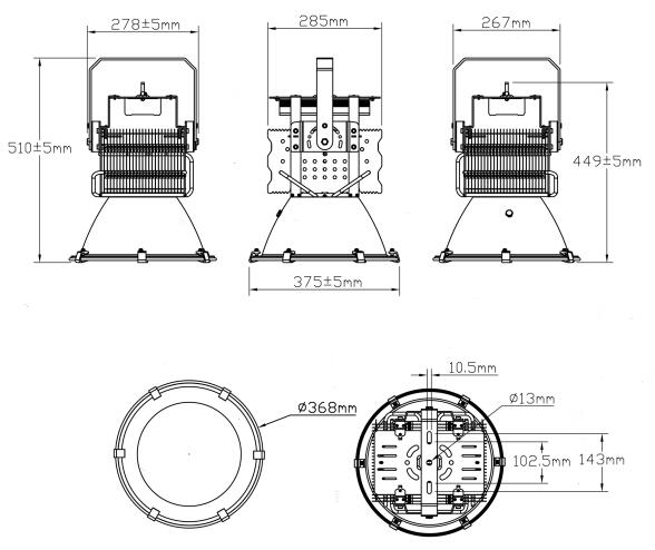 200W銅管散熱大功率LED工廠燈(LED工礦燈)規(guī)格尺寸圖紙