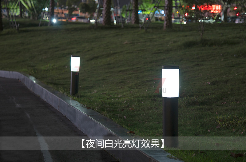 (QDCPD-015)圓柱式現(xiàn)代led草坪燈安裝實(shí)景亮燈白光效果展示